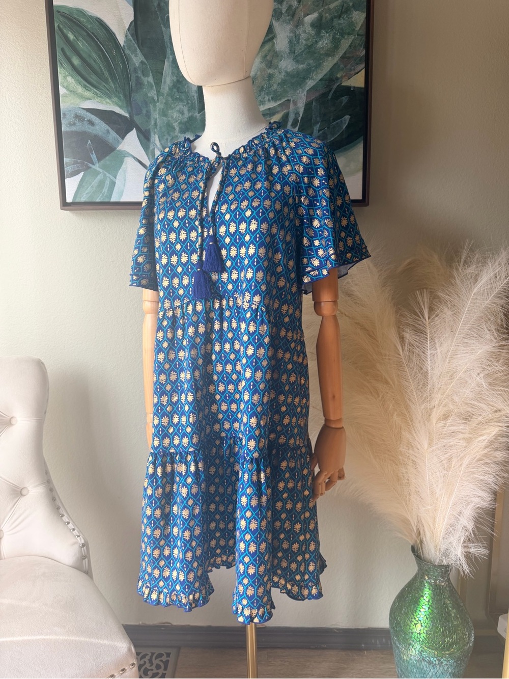 Cabana Life Blue Gold Print Tassel Dress Swim Cover Up Size M Beach Resort - Picture 5 of 17